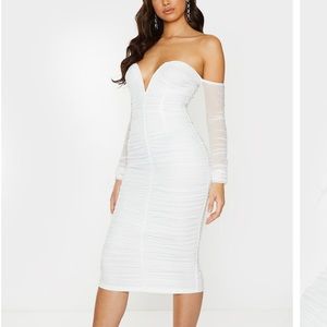 PrettyLittleThing MIDI White Ruched Dress